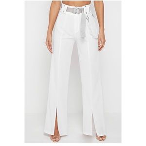 Ribbed Wide Leg Trousers with Buckle Detail